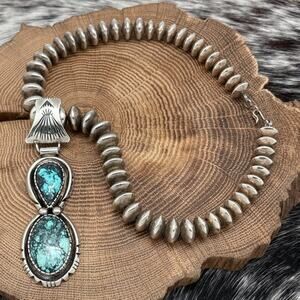 WILSON PADILLA Navajo Sterling Silver & Turquoise Pendant Necklace Saucer Beads